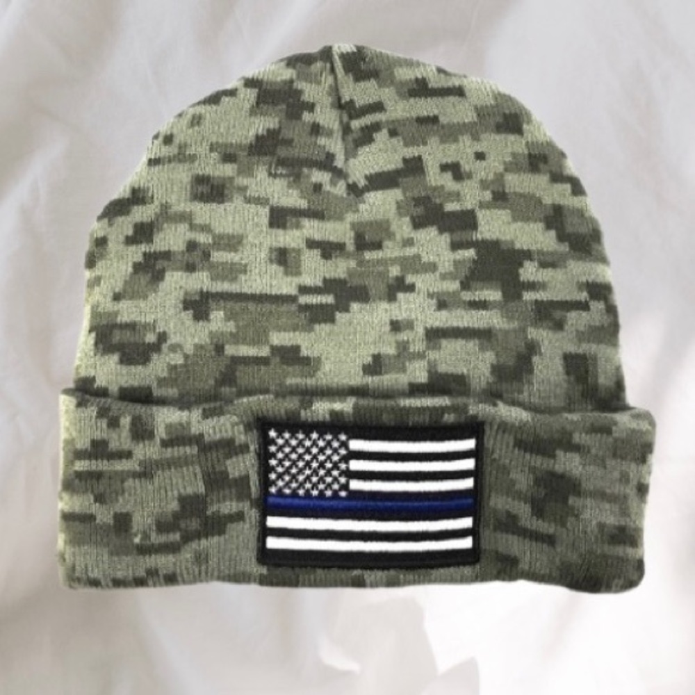 Thin Blue Line Embroidered Flag Camo Beanie
